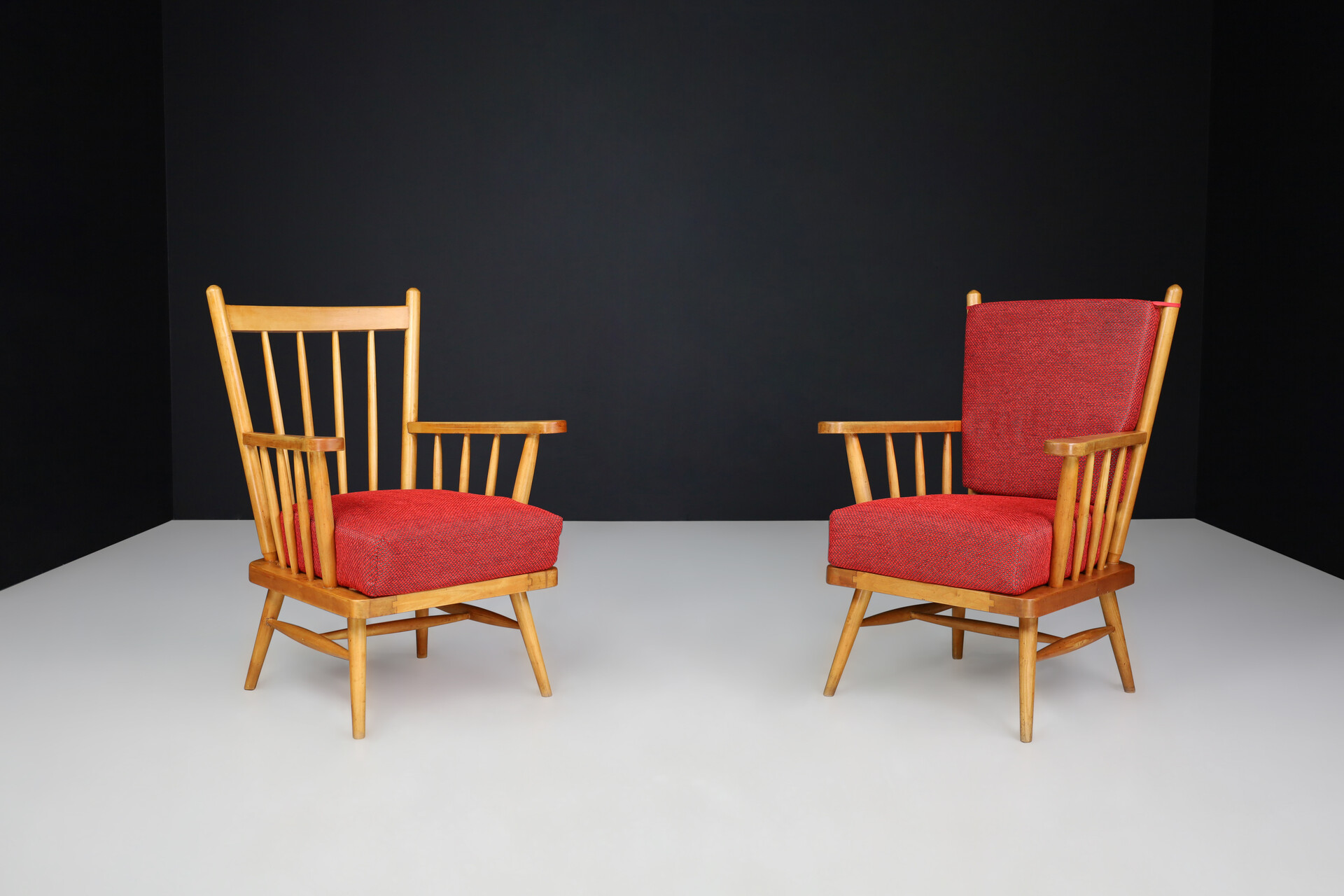 Mid century modern Beech Arm Chairs with Reupholstery red Cushions, France 1950s Mid-20th century