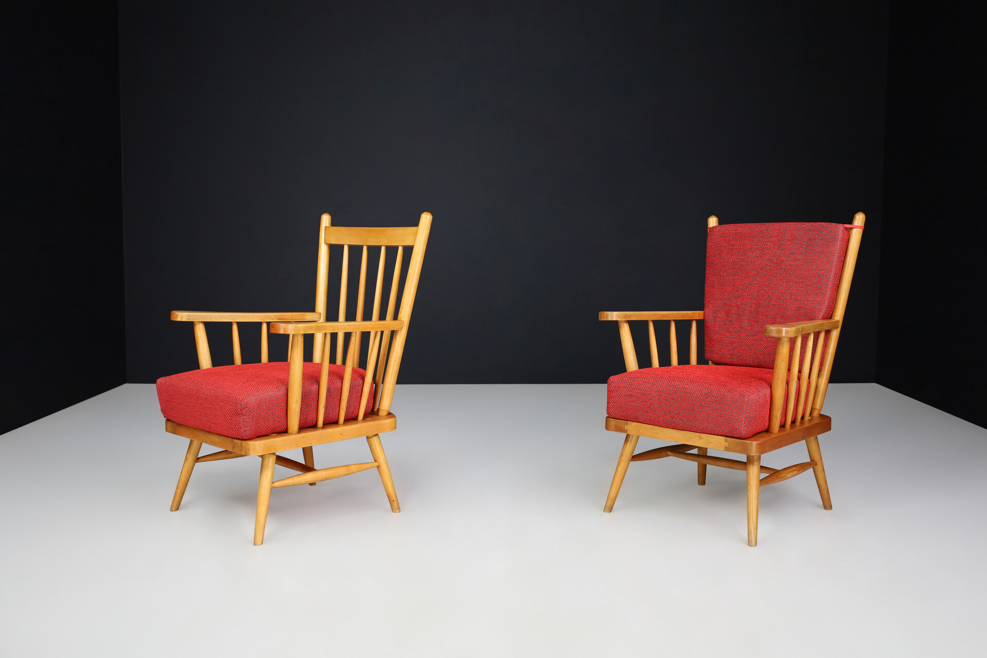 Mid century modern Beech Arm Chairs with Reupholstery red Cushions, France 1950s Mid-20th century