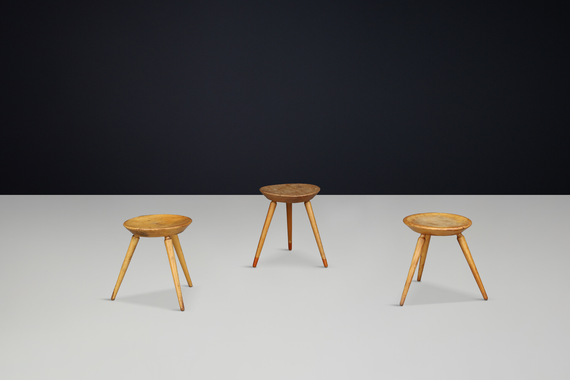 Mid century modern Beech tripod stools ore side tables, France 1950s Mid-20th century