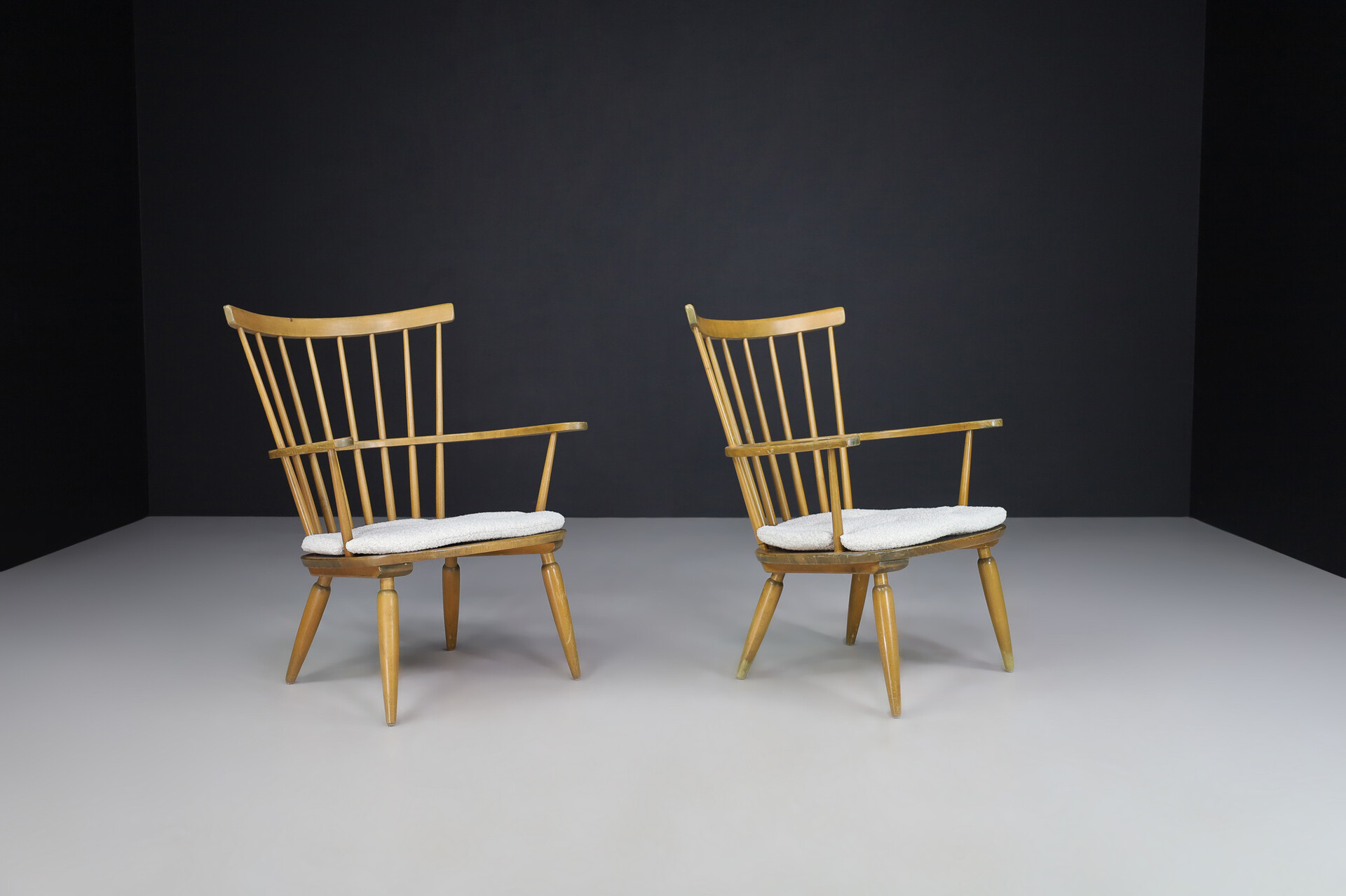 Mid century modern Beechwood Armchairs with New Bouclé cushions for Altheim by Franz Schuster 1950s Austria. Mid-20th century