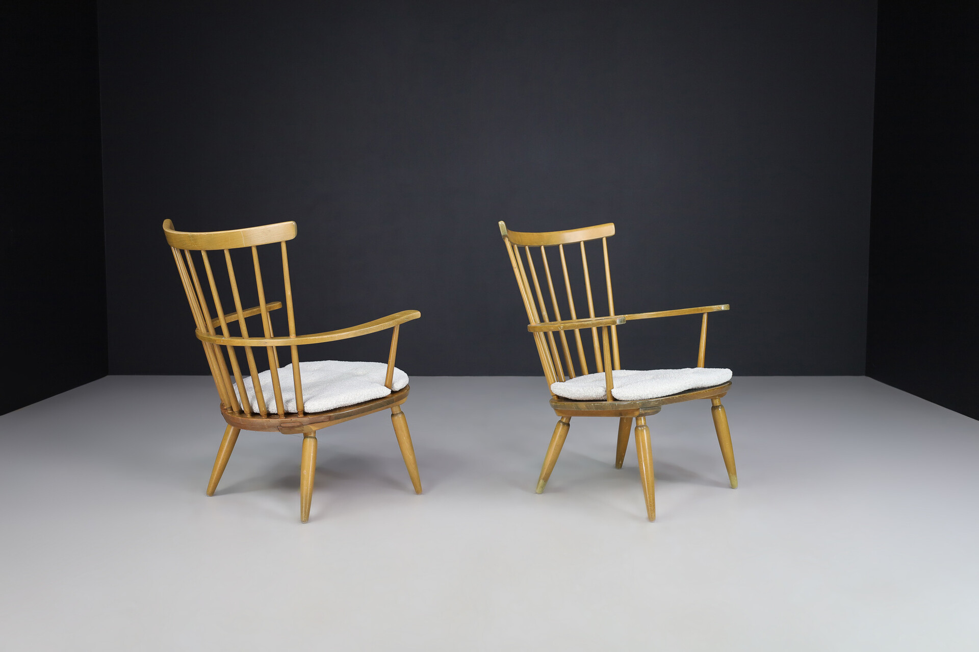 Mid century modern Beechwood Armchairs with New Bouclé cushions for Altheim by Franz Schuster 1950s Austria. Mid-20th century