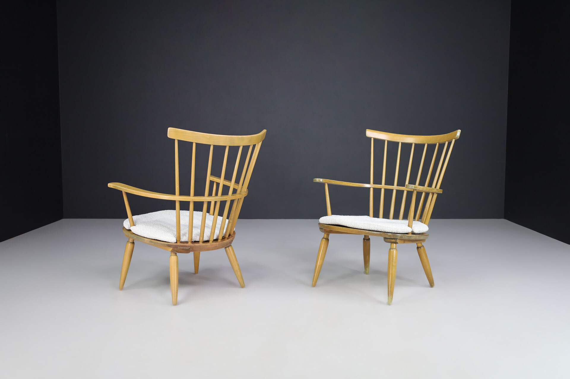 Mid century modern Beechwood Armchairs with New Bouclé cushions for Altheim by Franz Schuster 1950s Austria. Mid-20th century