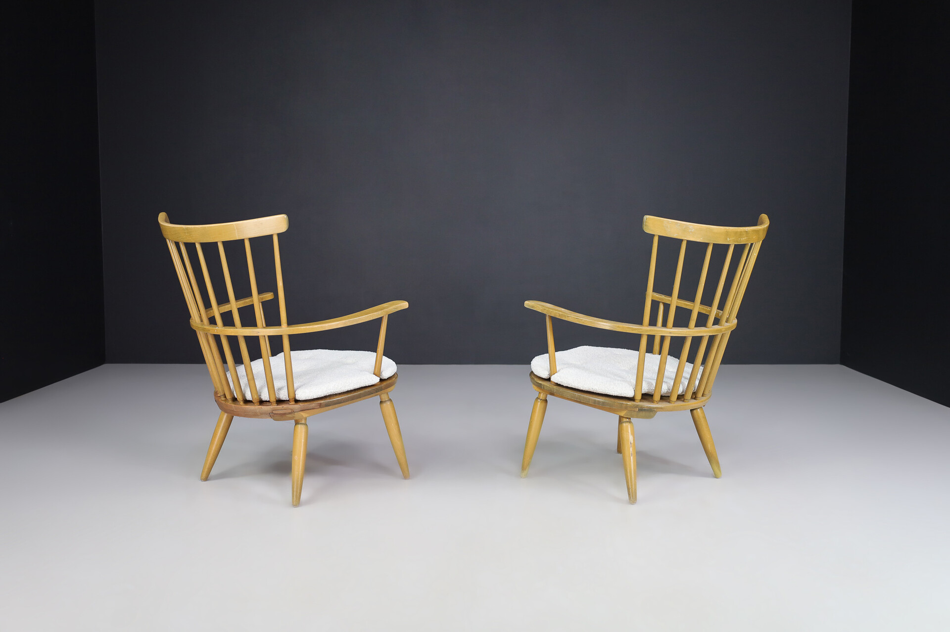 Mid century modern Beechwood Armchairs with New Bouclé cushions for Altheim by Franz Schuster 1950s Austria. Mid-20th century