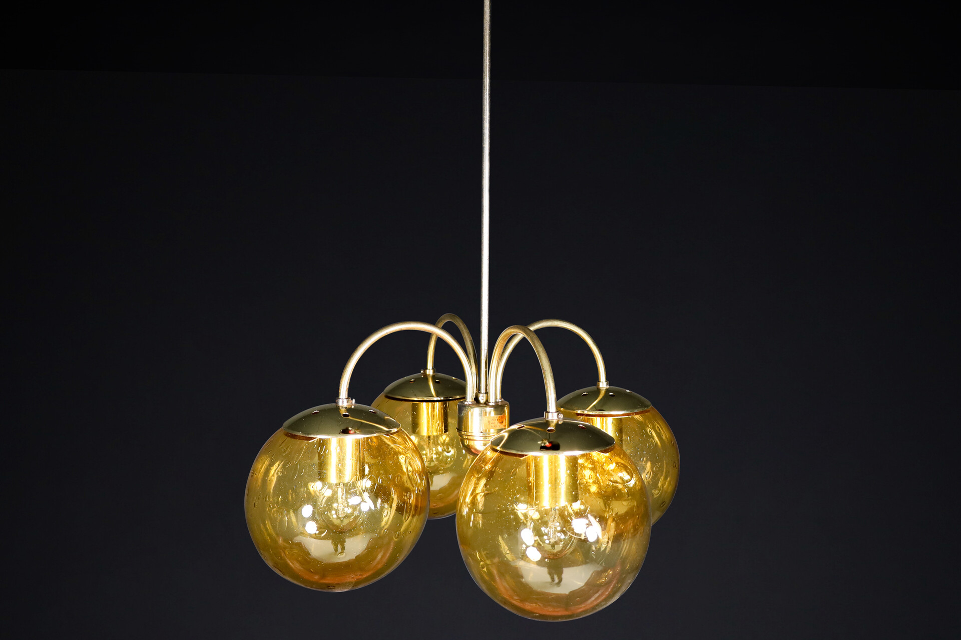 Mid century modern Brass Chandelier with 4 Glass globes, Praque 1960s Mid-20th century