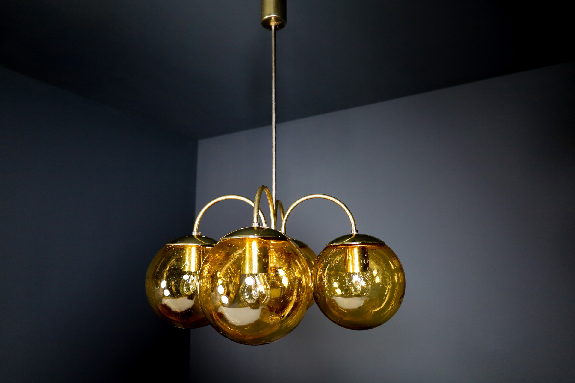 Mid century modern Brass Chandelier with 4 Glass globes, Praque 1960s Mid-20th century