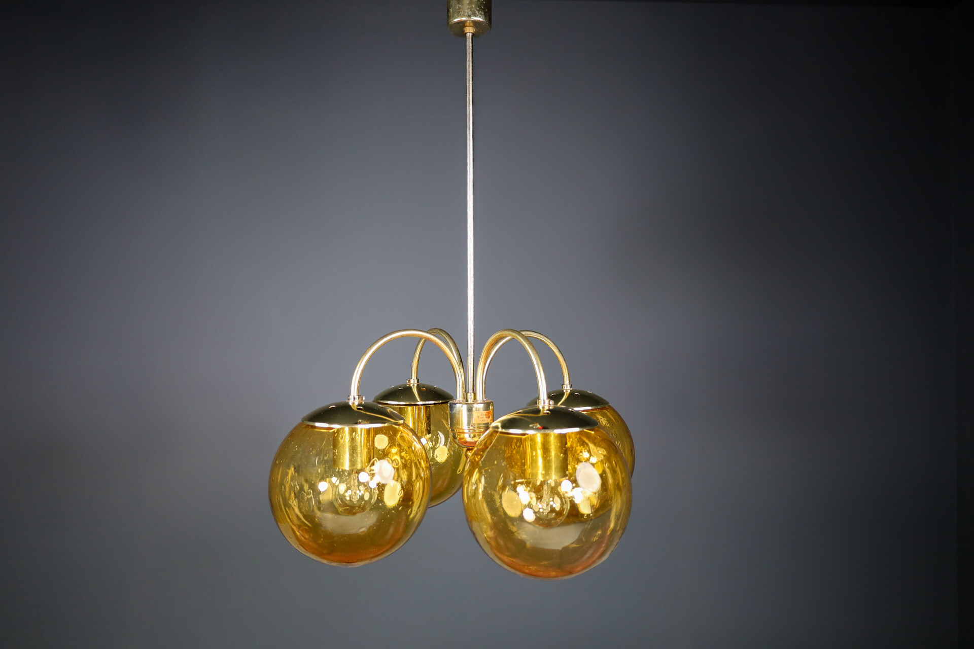 Mid century modern Brass Chandelier with 4 Glass globes, Praque 1960s Mid-20th century