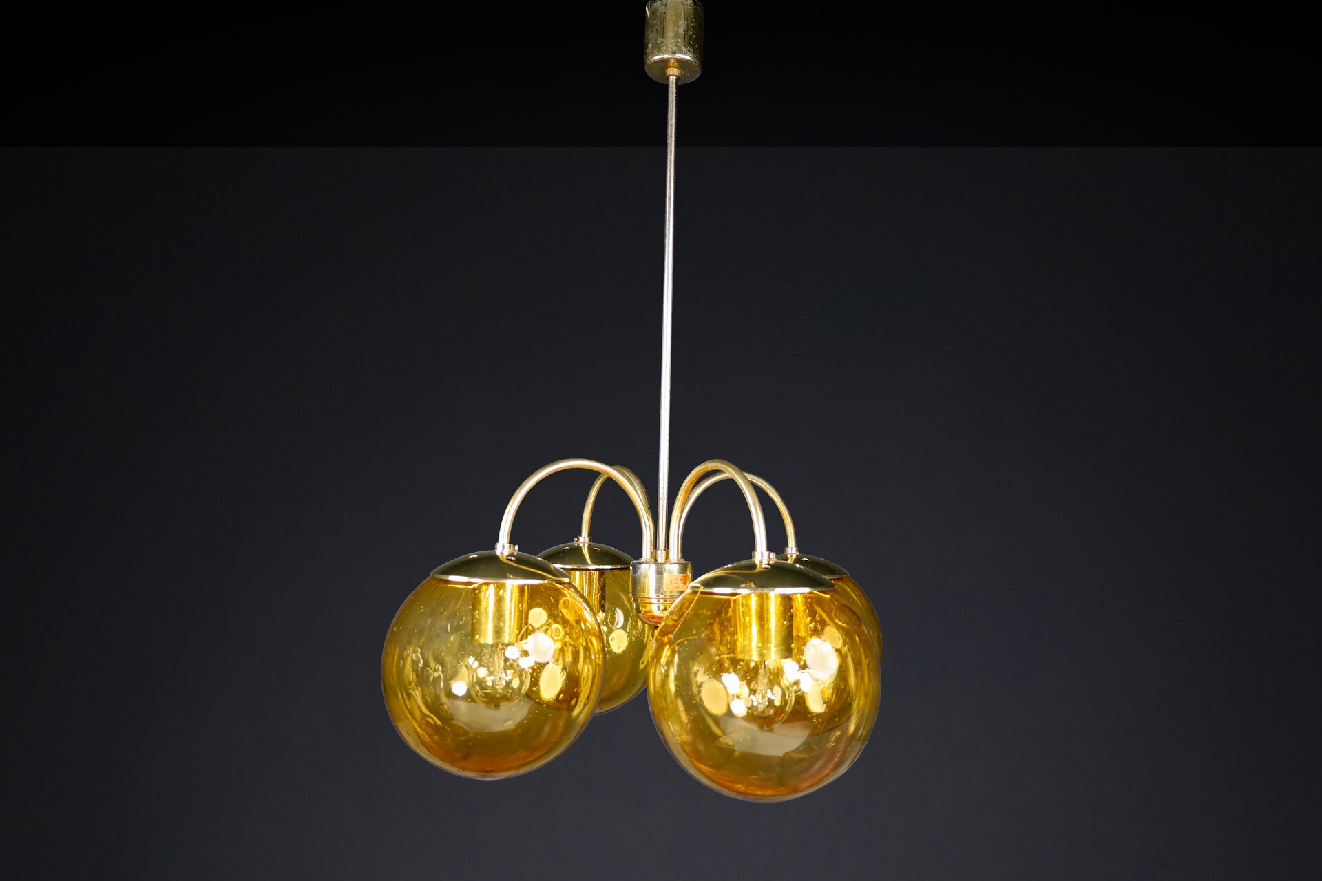 Mid century modern Brass Chandelier with 4 Glass globes, Praque 1960s Mid-20th century