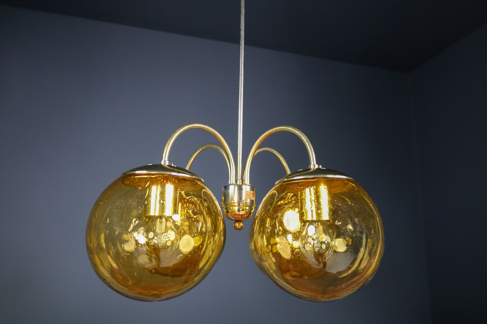 Mid century modern Brass Chandelier with 4 Glass globes, Praque 1960s Mid-20th century