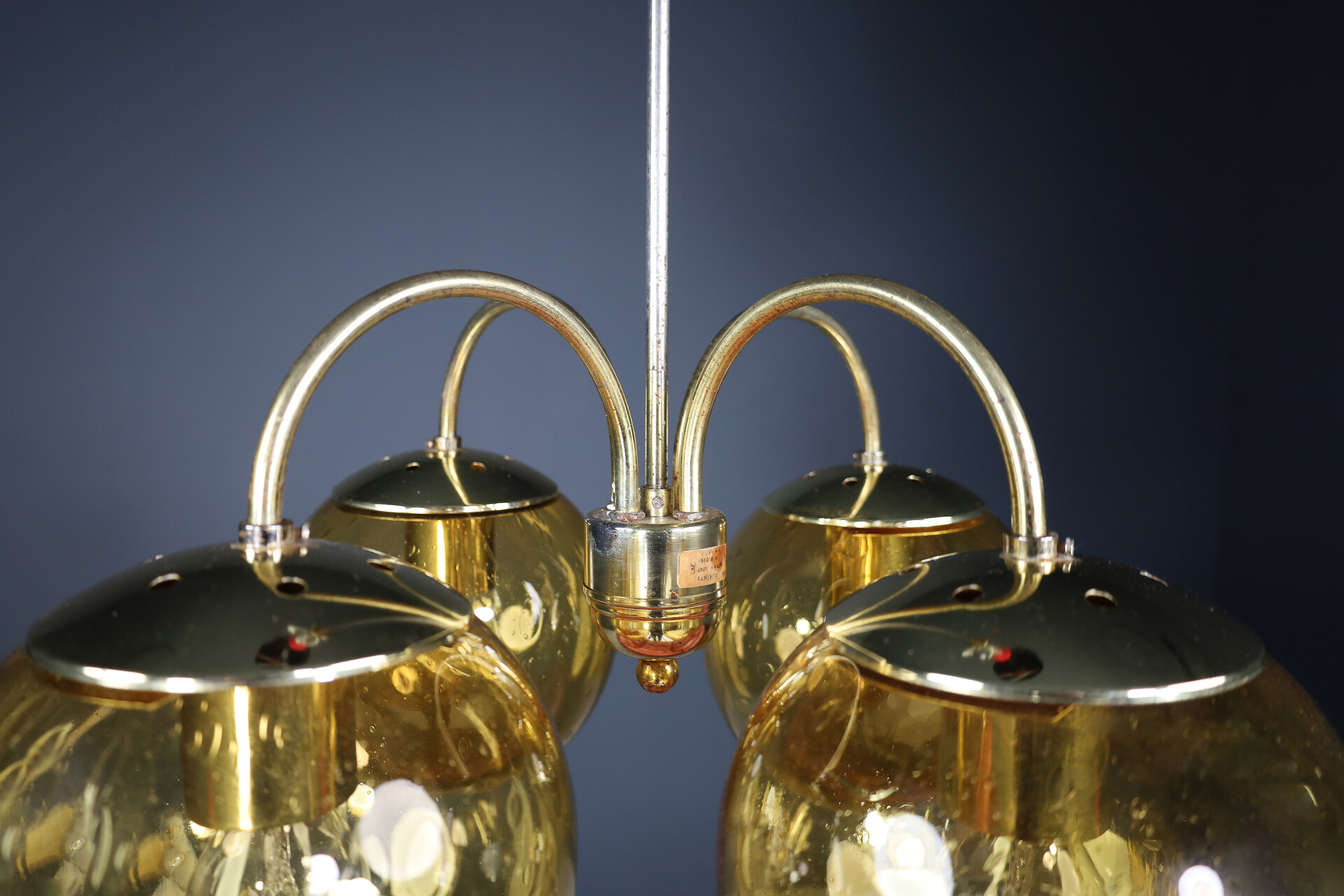 Mid century modern Brass Chandelier with 4 Glass globes, Praque 1960s Mid-20th century