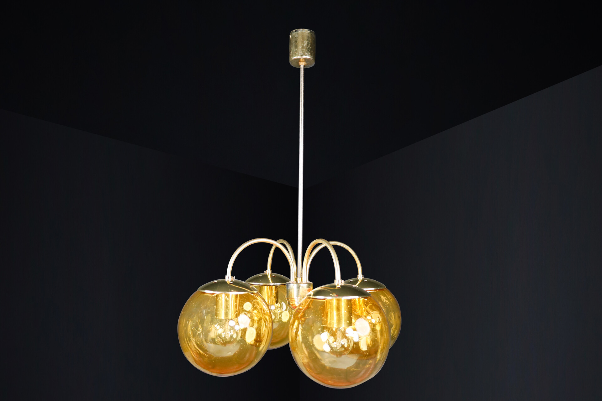 Mid century modern Brass Chandelier with 4 Glass globes, Praque 1960s Mid-20th century