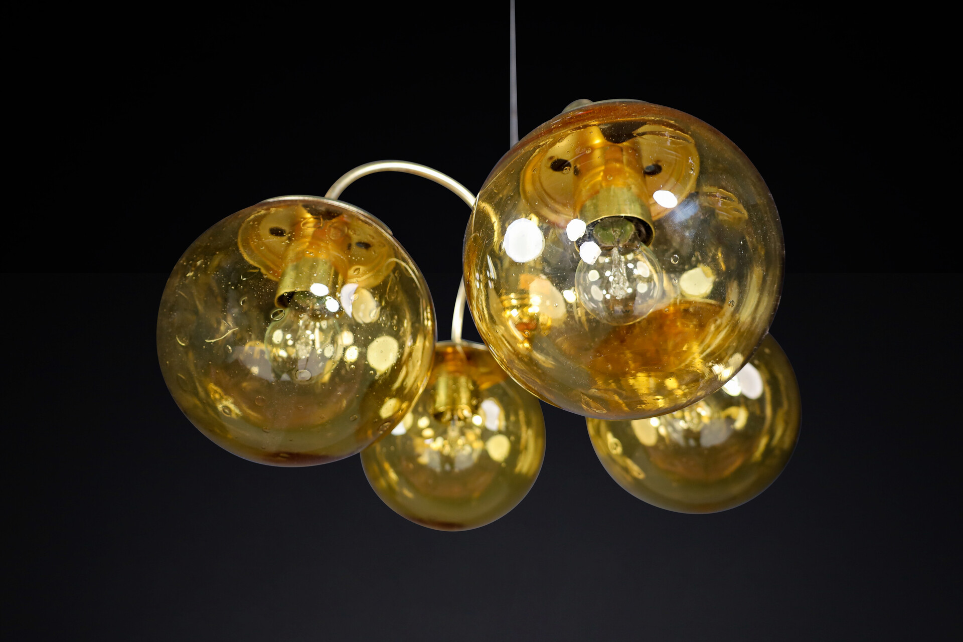 Mid century modern Brass Chandelier with 4 Glass globes, Praque 1960s Mid-20th century