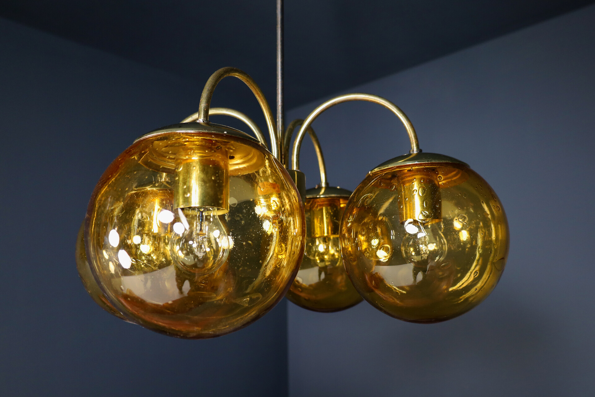 Mid century modern Brass Chandelier with 4 Glass globes, Praque 1960s Mid-20th century