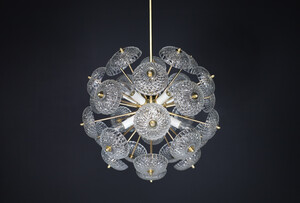 Mid century modern Brass Floral Glass and Brass Chandelier in the Style of Emil Stejnar, Europe, 1960s Mid-20th century