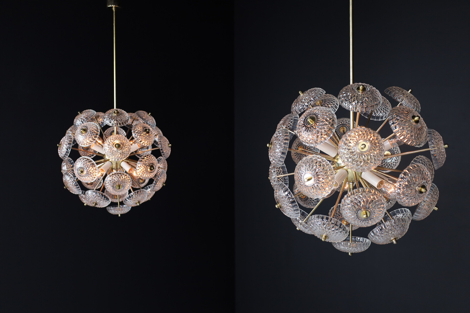 Mid century modern Brass Floral Glass and Brass Chandelier in the Style of Emil Stejnar, Europe, 1960s Mid-20th century