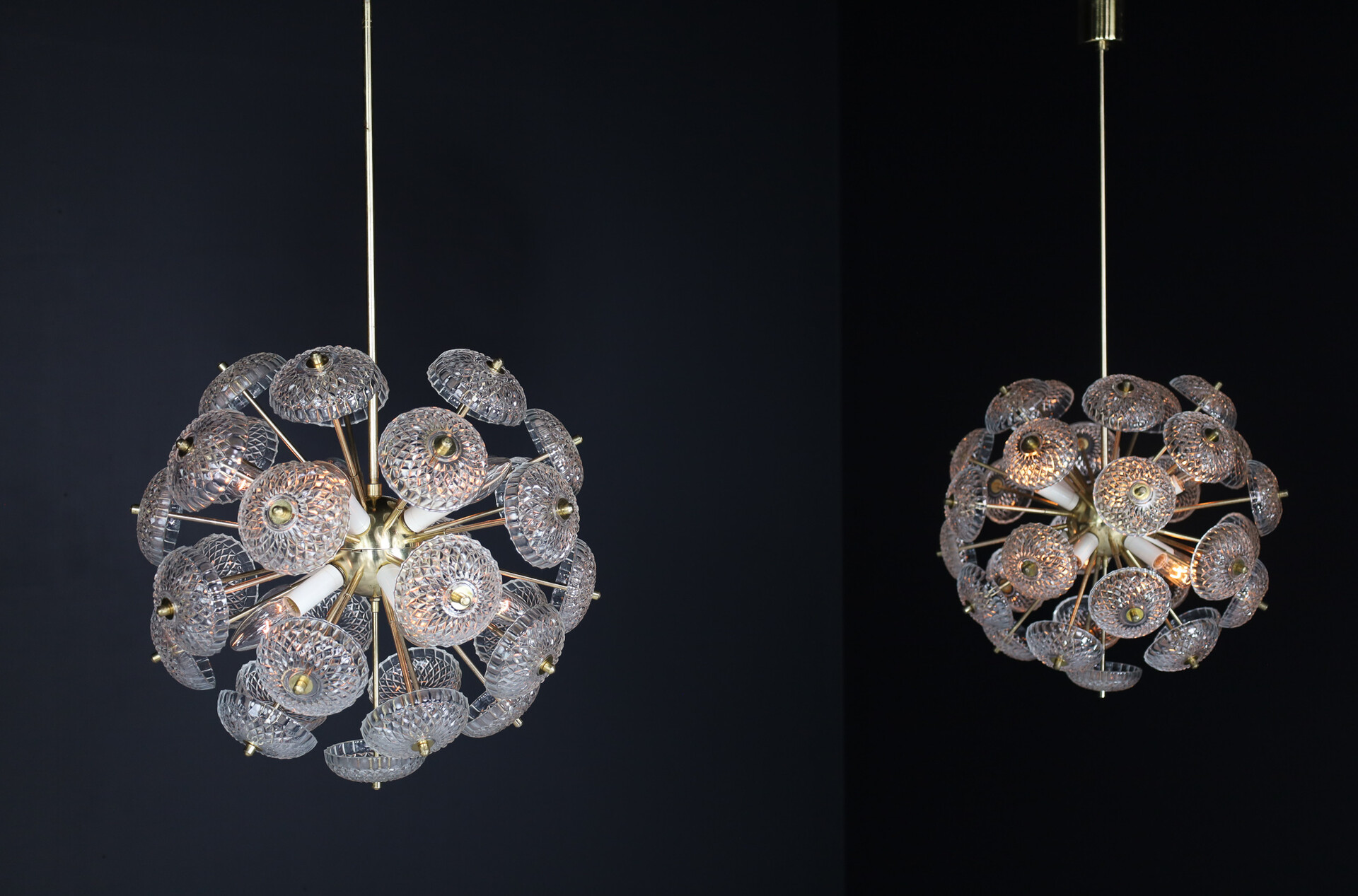 Mid century modern Brass Floral Glass and Brass Chandelier in the Style of Emil Stejnar, Europe, 1960s Mid-20th century