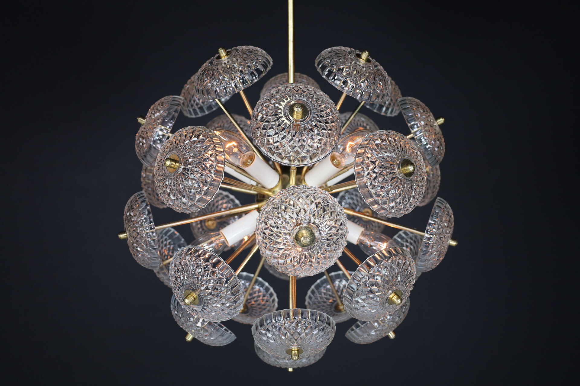 Mid century modern Brass Floral Glass and Brass Chandelier in the Style of Emil Stejnar, Europe, 1960s Mid-20th century