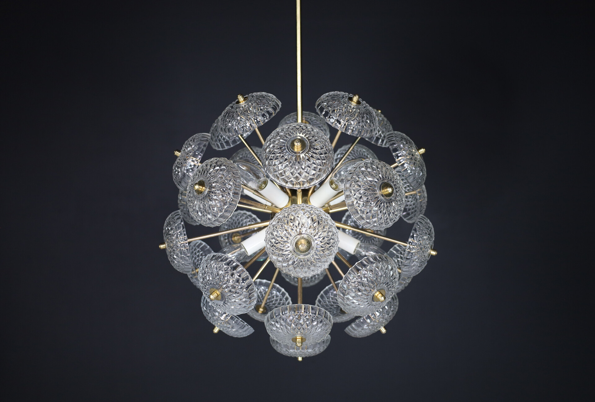 Mid century modern Brass Floral Glass and Brass Chandelier in the Style of Emil Stejnar, Europe, 1960s Mid-20th century