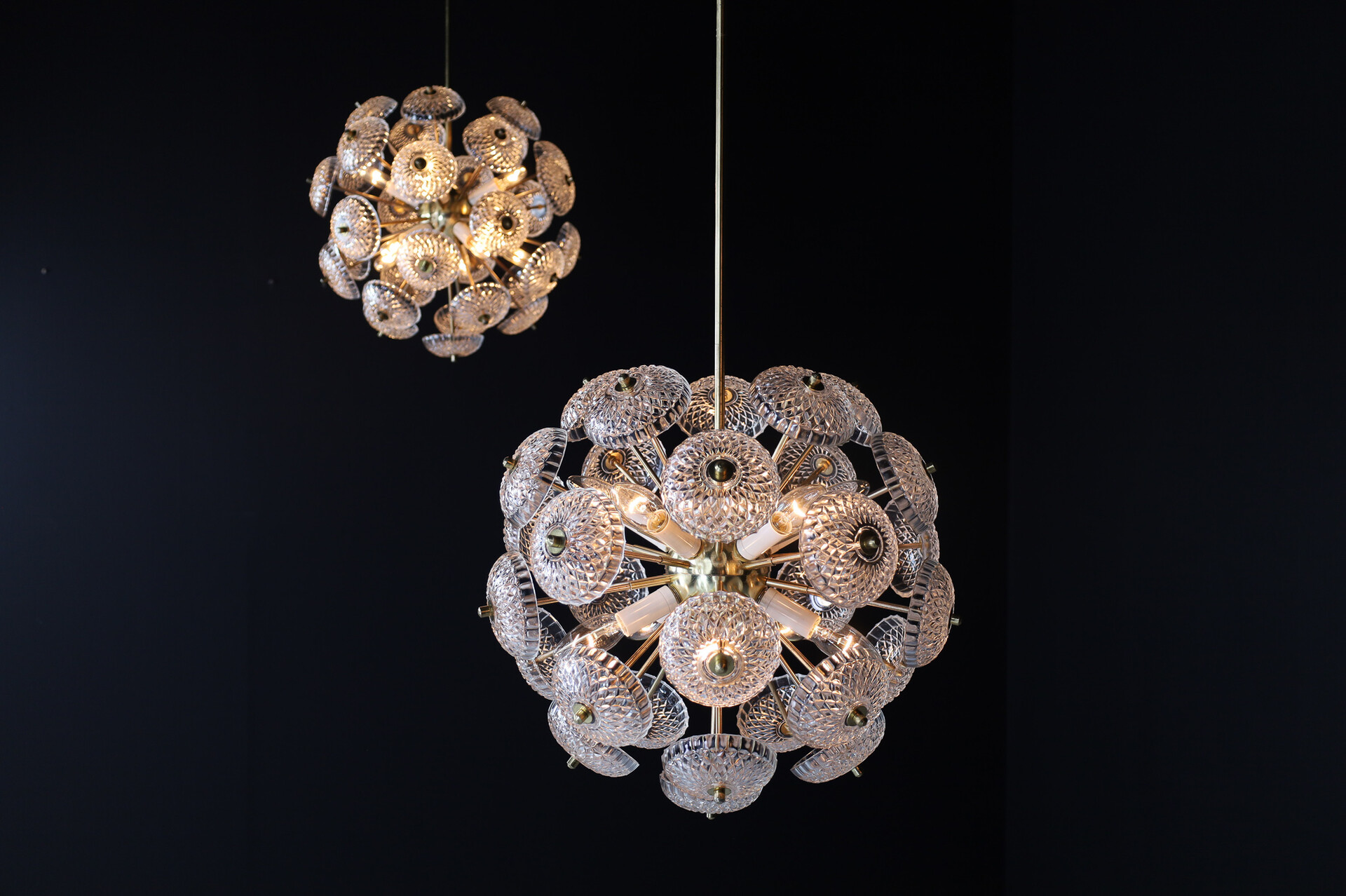 Mid century modern Brass Floral Glass and Brass Chandelier in the Style of Emil Stejnar, Europe, 1960s Mid-20th century