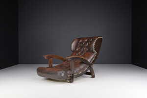 Mid century modern - Brutalist Leather and wood lounge/ arm chair , France 1950s Mid-20th century