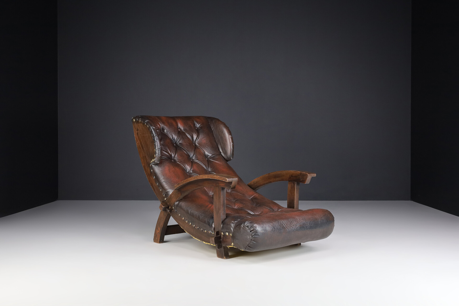 Mid century modern - Brutalist Leather and wood lounge/ arm chair , France 1950s Mid-20th century