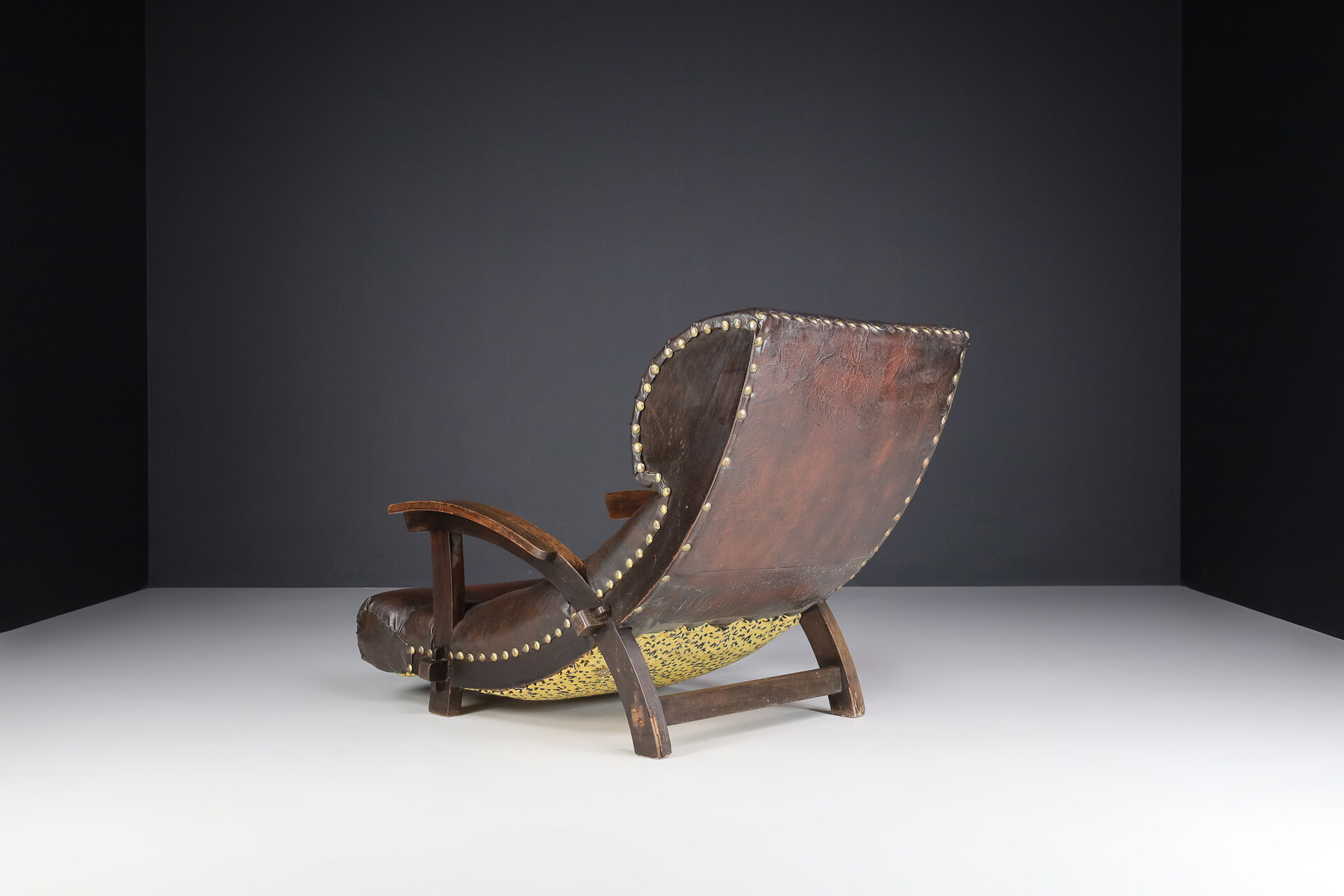 Mid century modern - Brutalist Leather and wood lounge/ arm chair , France 1950s Mid-20th century