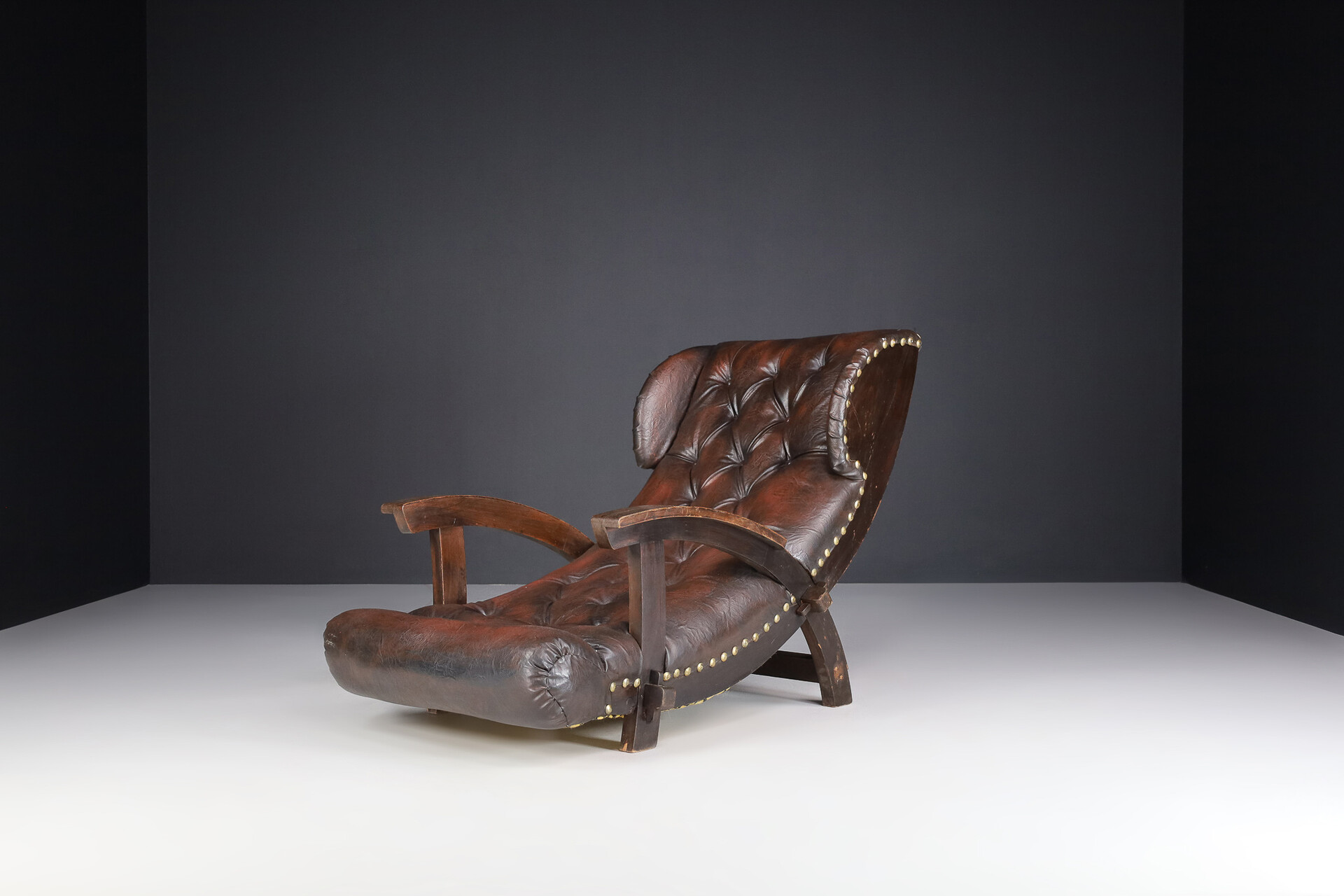 Mid century modern - Brutalist Leather and wood lounge/ arm chair , France 1950s Mid-20th century