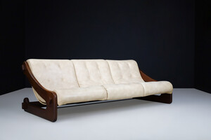 Mid century modern Brutalist Walnut lounge sofa In Creme Faux Leather / Fabric France 1970s Late-20th century