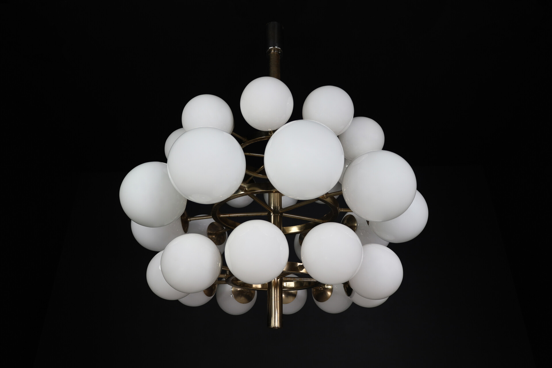 Mid century modern Chandelier in steel and opaline Globes, Germany 1960s Mid-20th century