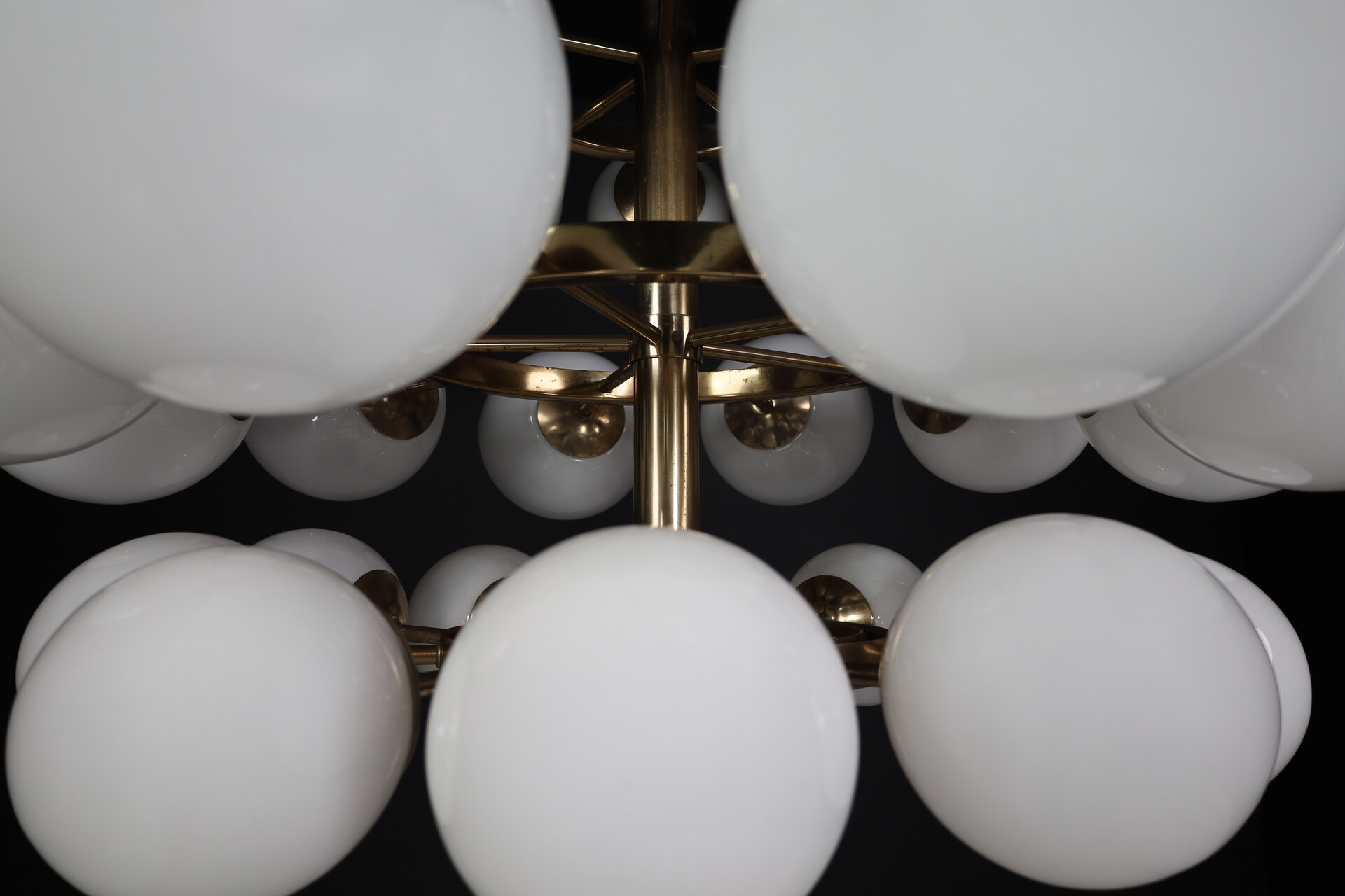 Mid century modern Chandelier in steel and opaline Globes, Germany 1960s Mid-20th century