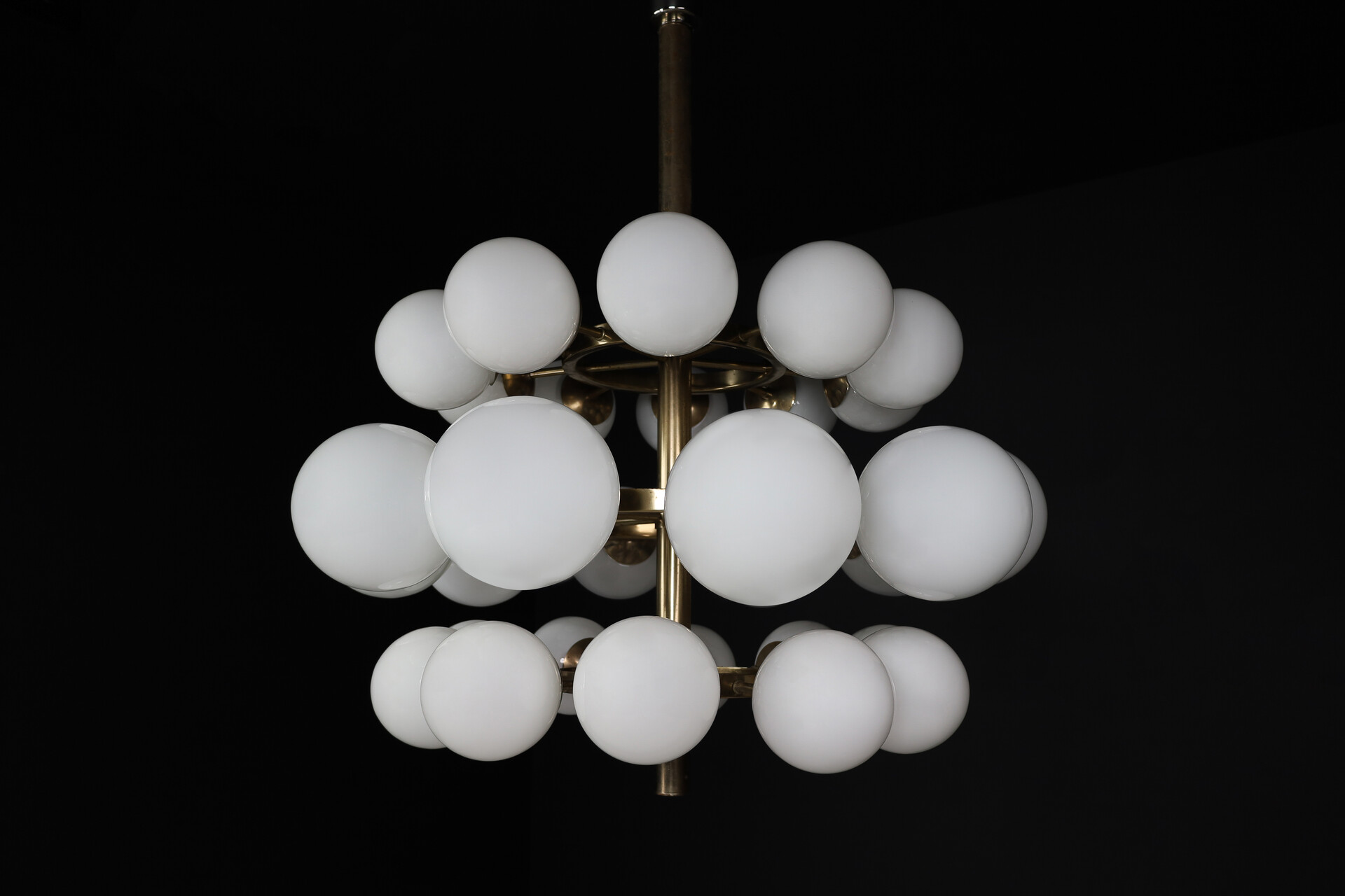 Mid century modern Chandelier in steel and opaline Globes, Germany 1960s Mid-20th century