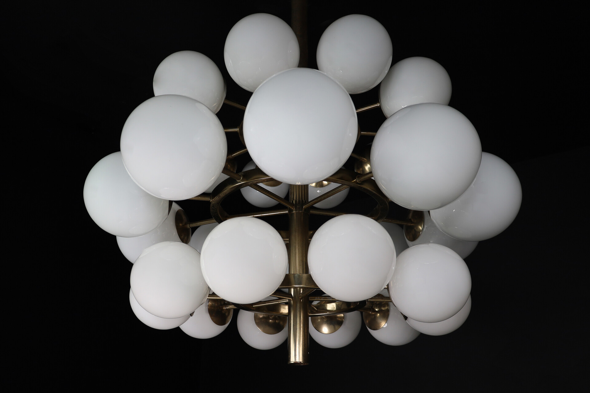 Mid century modern Chandelier in steel and opaline Globes, Germany 1960s Mid-20th century