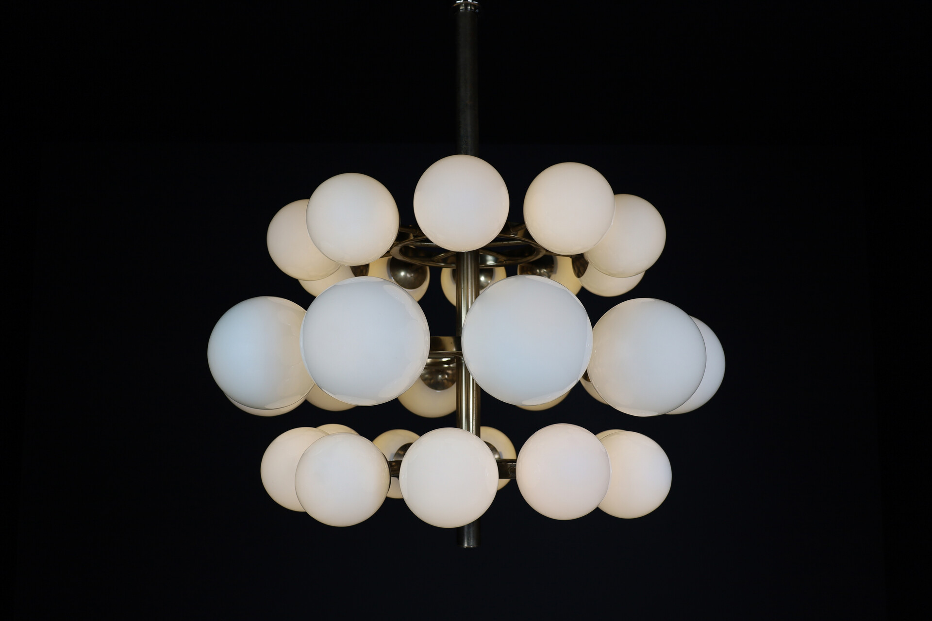 Mid century modern Chandelier in steel and opaline Globes, Germany 1960s Mid-20th century