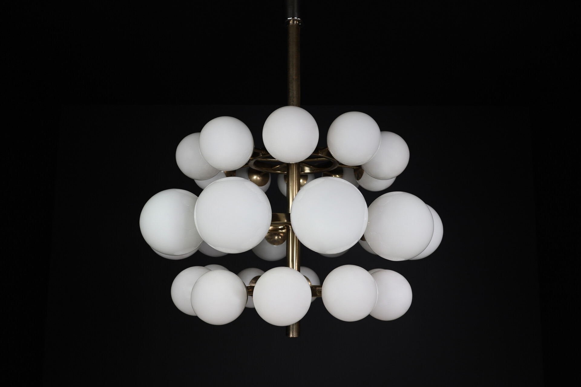 Mid century modern Chandelier in steel and opaline Globes, Germany 1960s Mid-20th century