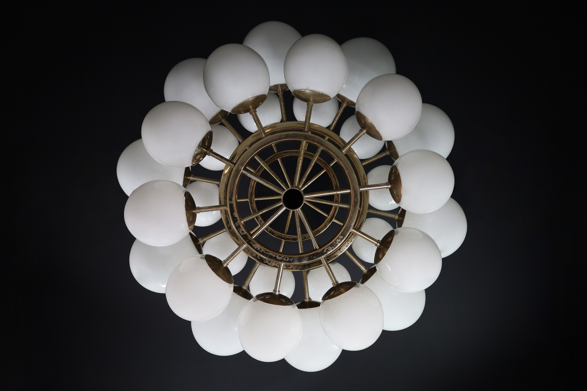 Mid century modern Chandelier in steel and opaline Globes, Germany 1960s Mid-20th century