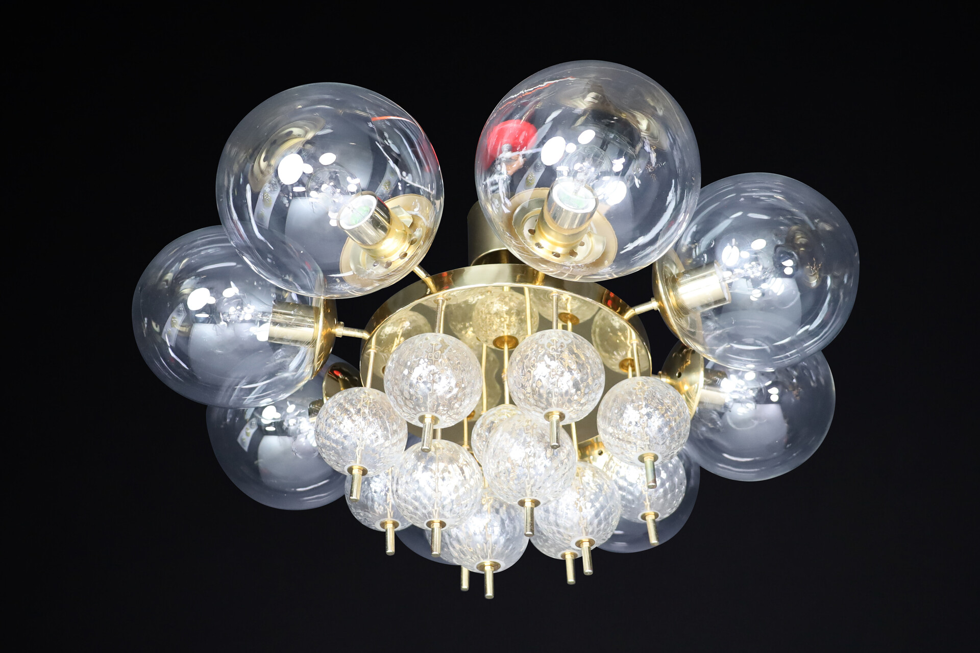 Mid century modern Chandelier with Brass Fixture and Hand-Blowed  Glass Globes, Preciosa Czech Republic 1960s Mid-20th century