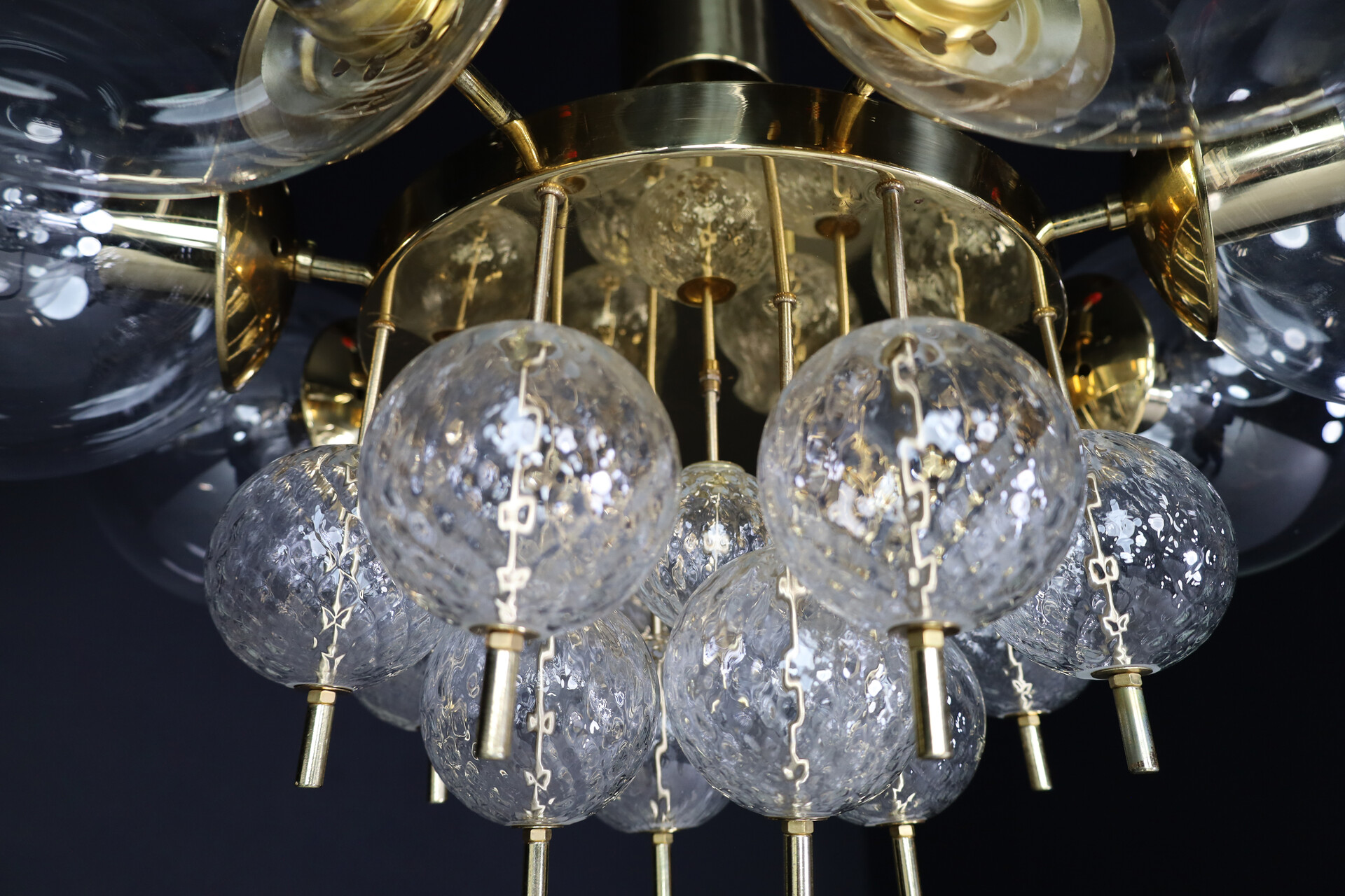 Mid century modern Chandelier with Brass Fixture and Hand-Blowed  Glass Globes, Preciosa Czech Republic 1960s Mid-20th century