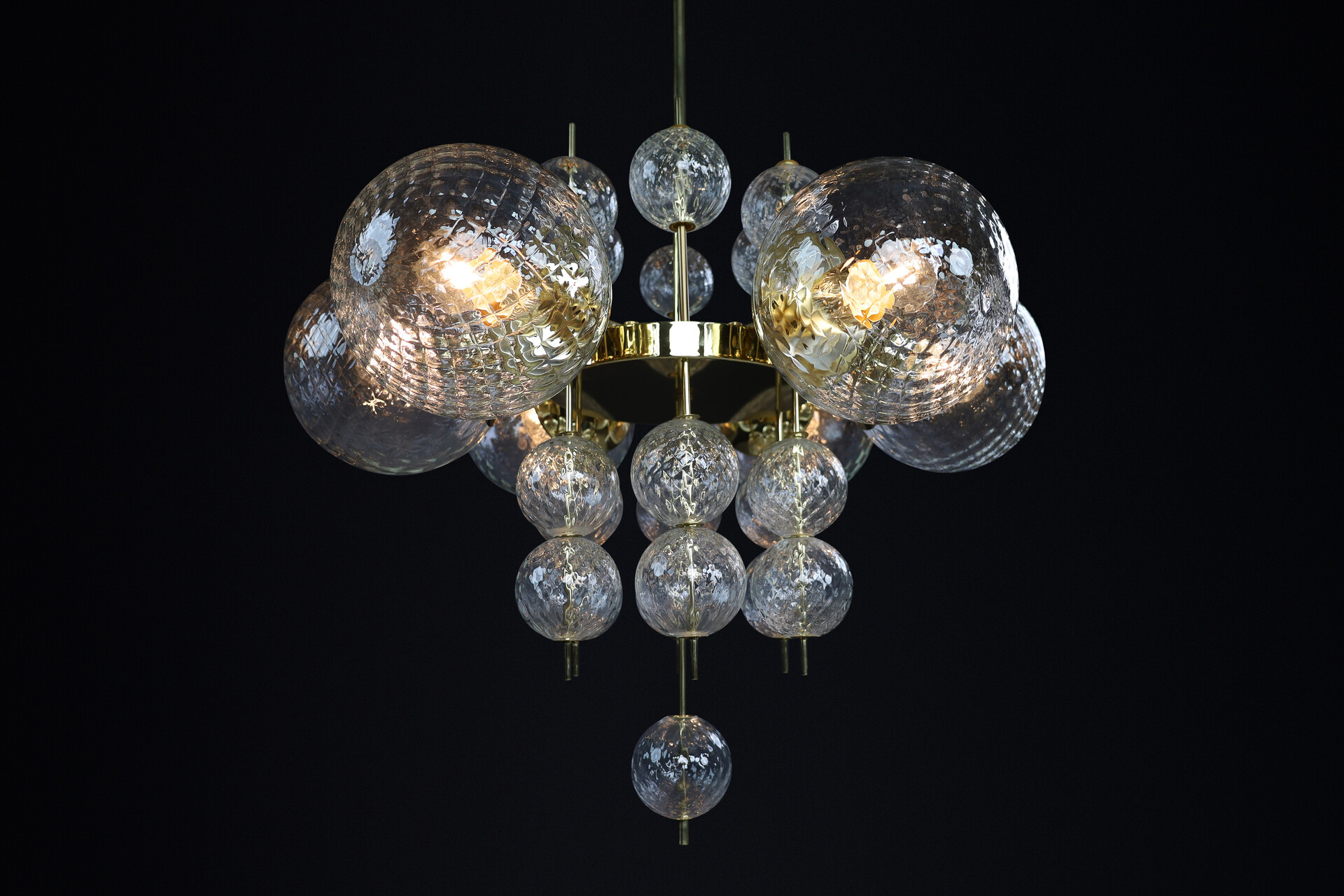 Mid century modern Chandelier with Brass Fixture and structured art Glass Globes, Preciosa Czech Republic 1960s Mid-20th century