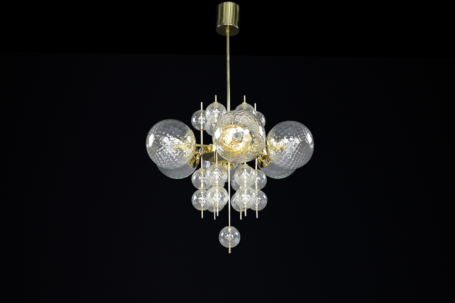 Mid century modern Chandelier with Brass Fixture and structured art Glass Globes, Preciosa Czech Republic 1960s Mid-20th century