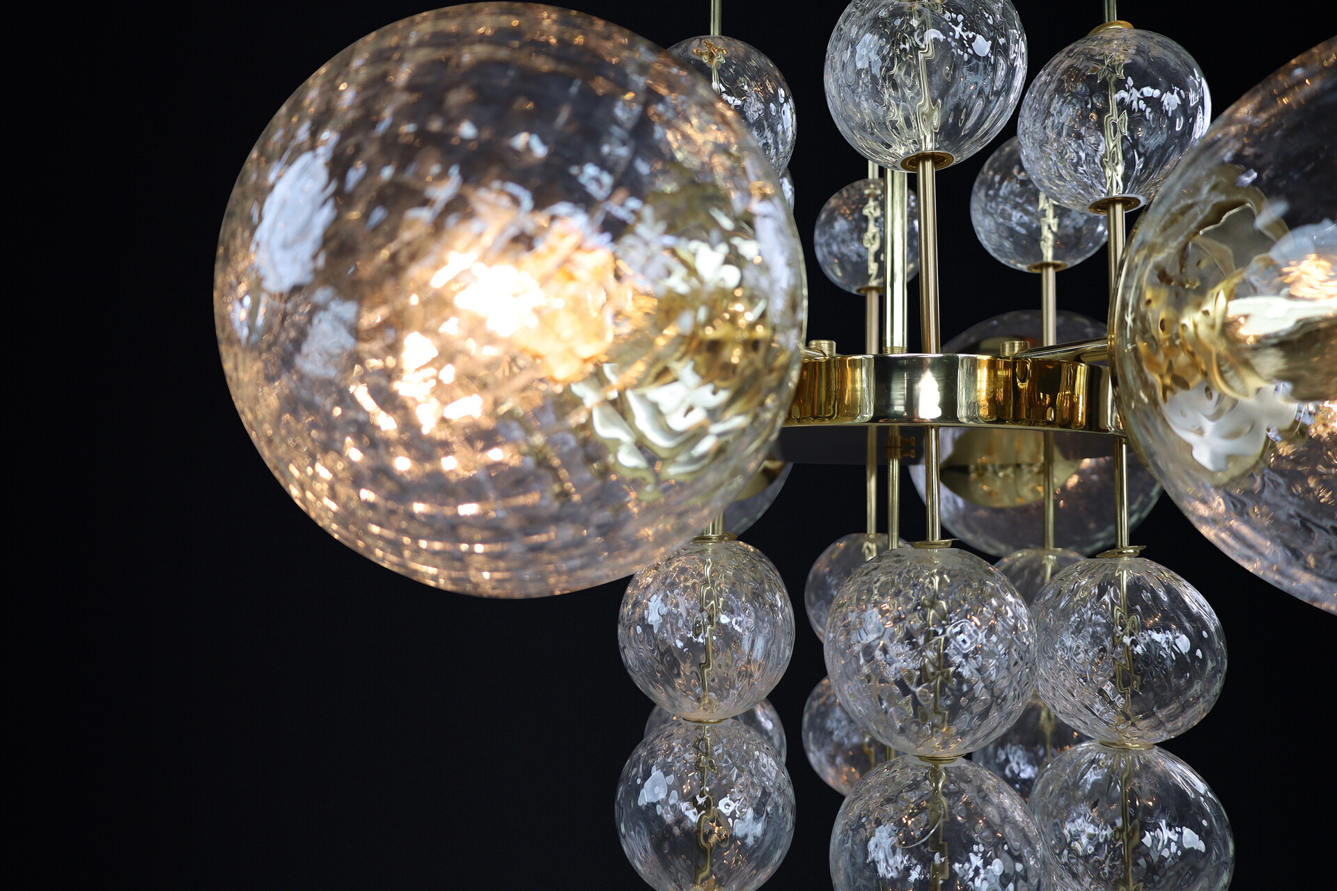 Mid century modern Chandelier with Brass Fixture and structured art Glass Globes, Preciosa Czech Republic 1960s Mid-20th century