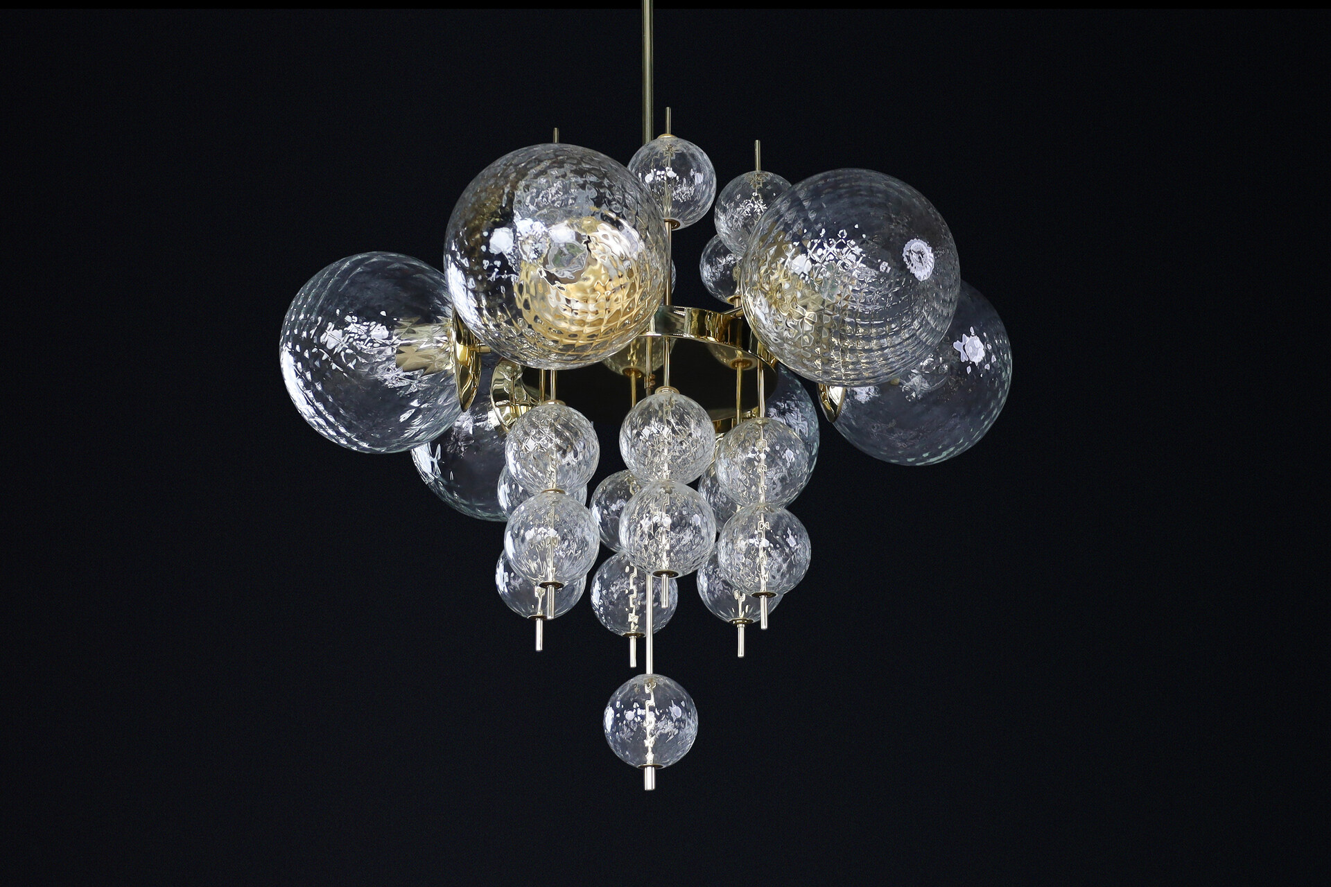 Mid century modern Chandelier with Brass Fixture and structured art Glass Globes, Preciosa Czech Republic 1960s Mid-20th century