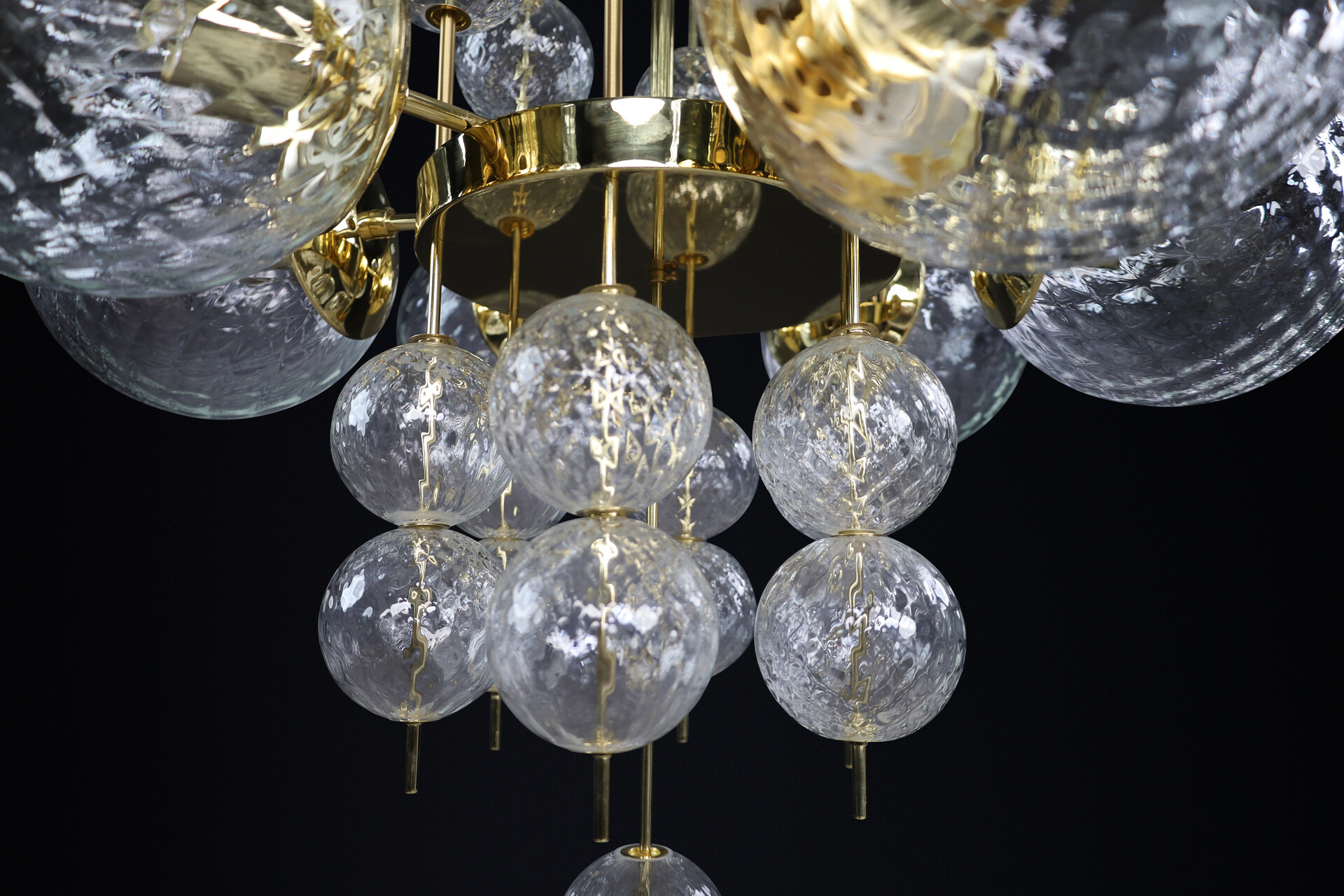 Mid century modern Chandelier with Brass Fixture and structured art Glass Globes, Preciosa Czech Republic 1960s Mid-20th century