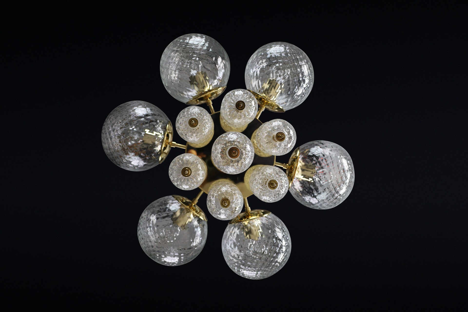 Mid century modern Chandelier with Brass Fixture and structured art Glass Globes, Preciosa Czech Republic 1960s Mid-20th century