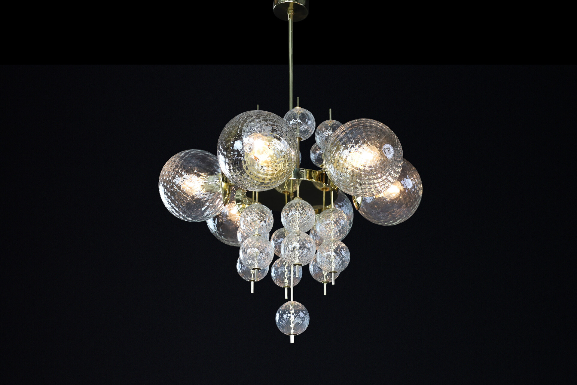 Mid century modern Chandelier with Brass Fixture and structured art Glass Globes, Preciosa Czech Republic 1960s Mid-20th century