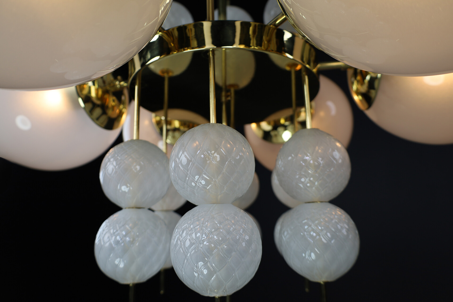 Mid century modern Chandelier with Brass Fixture & Hand-Blown Pearl-White Glass Globe, CZ 1960 Mid-20th century