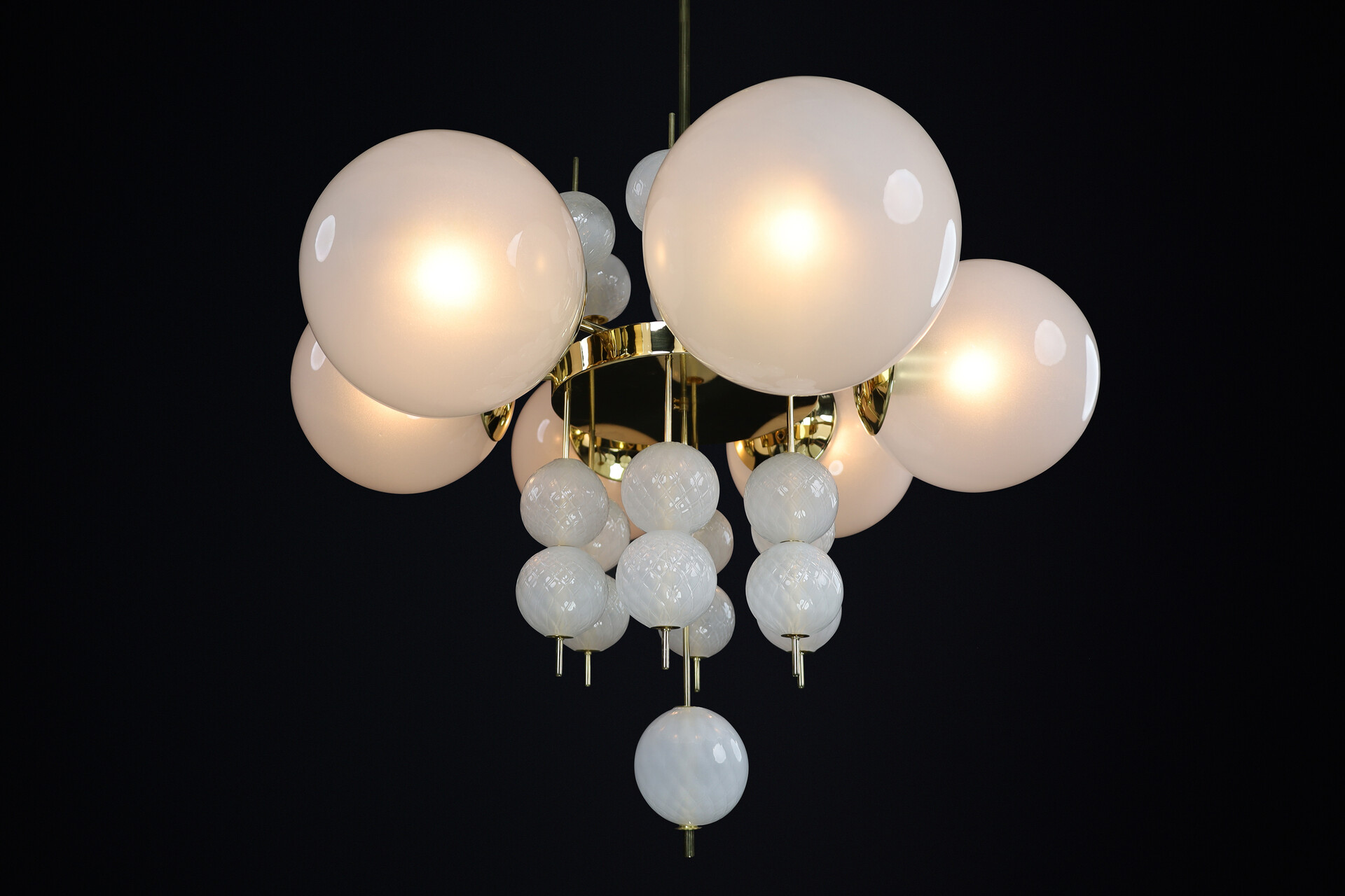 Mid century modern Chandelier with Brass Fixture & Hand-Blown Pearl-White Glass Globe, CZ 1960 Mid-20th century