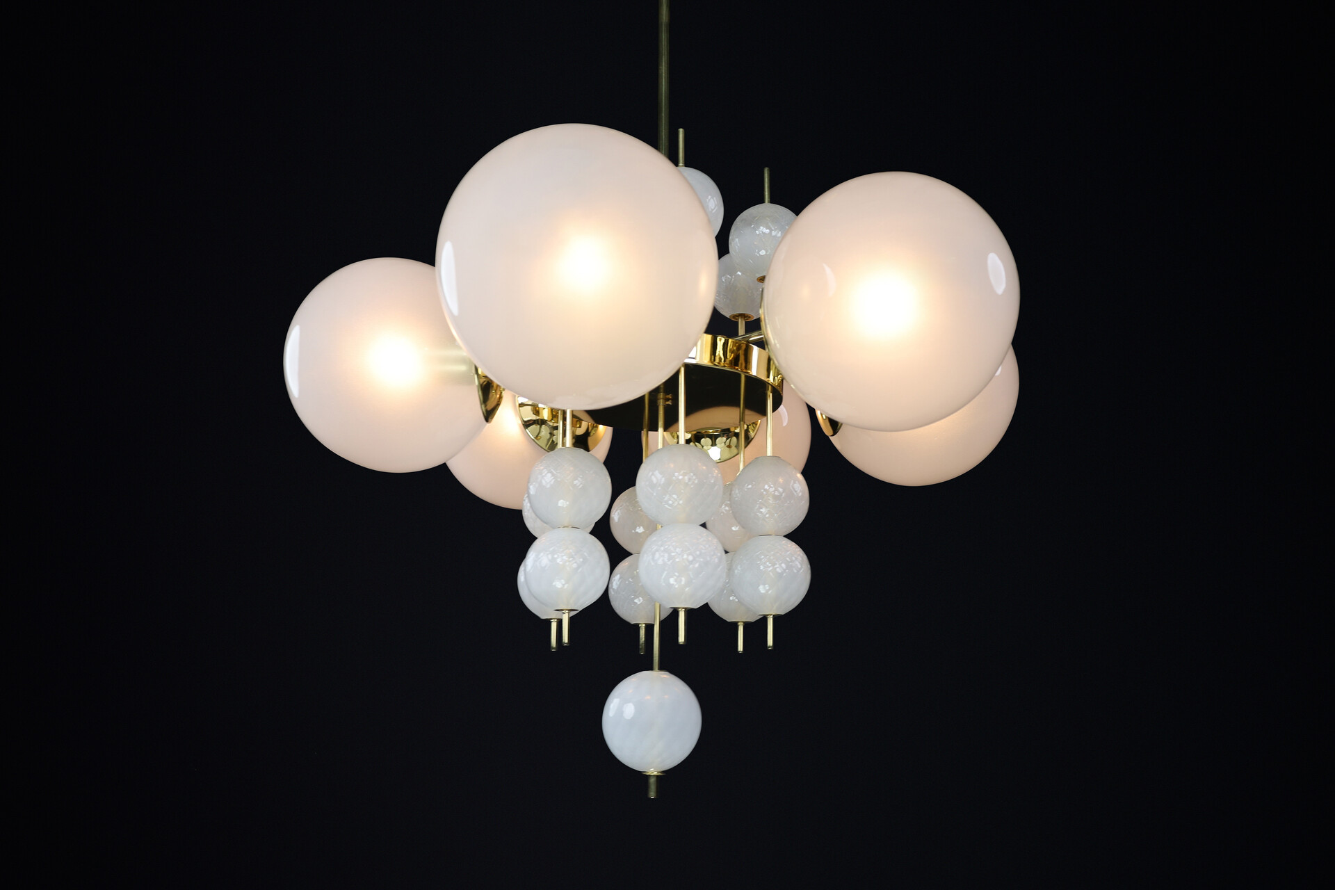 Mid century modern Chandelier with Brass Fixture & Hand-Blown Pearl-White Glass Globe, CZ 1960 Mid-20th century