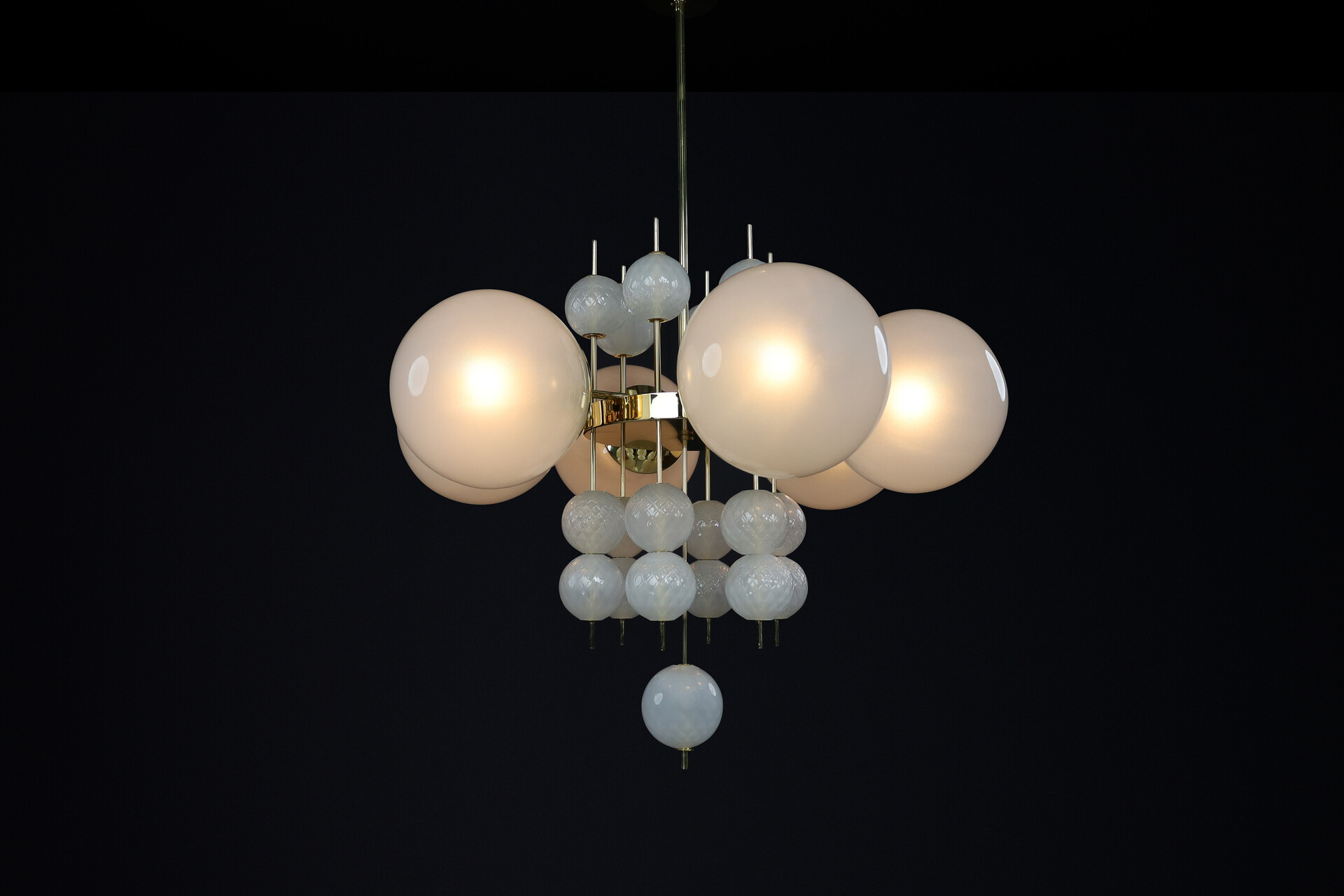 Mid century modern Chandelier with Brass Fixture & Hand-Blown Pearl-White Glass Globe, CZ 1960 Mid-20th century