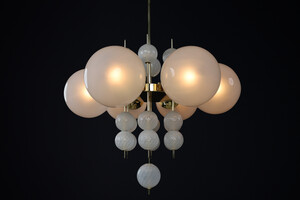 Mid century modern Chandelier with Brass Fixture & Hand-Blown Pearl-White Glass Globe, CZ 1960 Mid-20th century