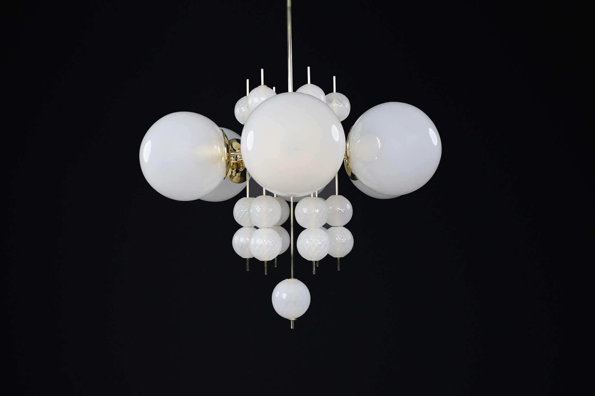 Mid century modern Chandelier with Brass Fixture & Hand-Blown Pearl-White Glass Globe, CZ 1960 Mid-20th century