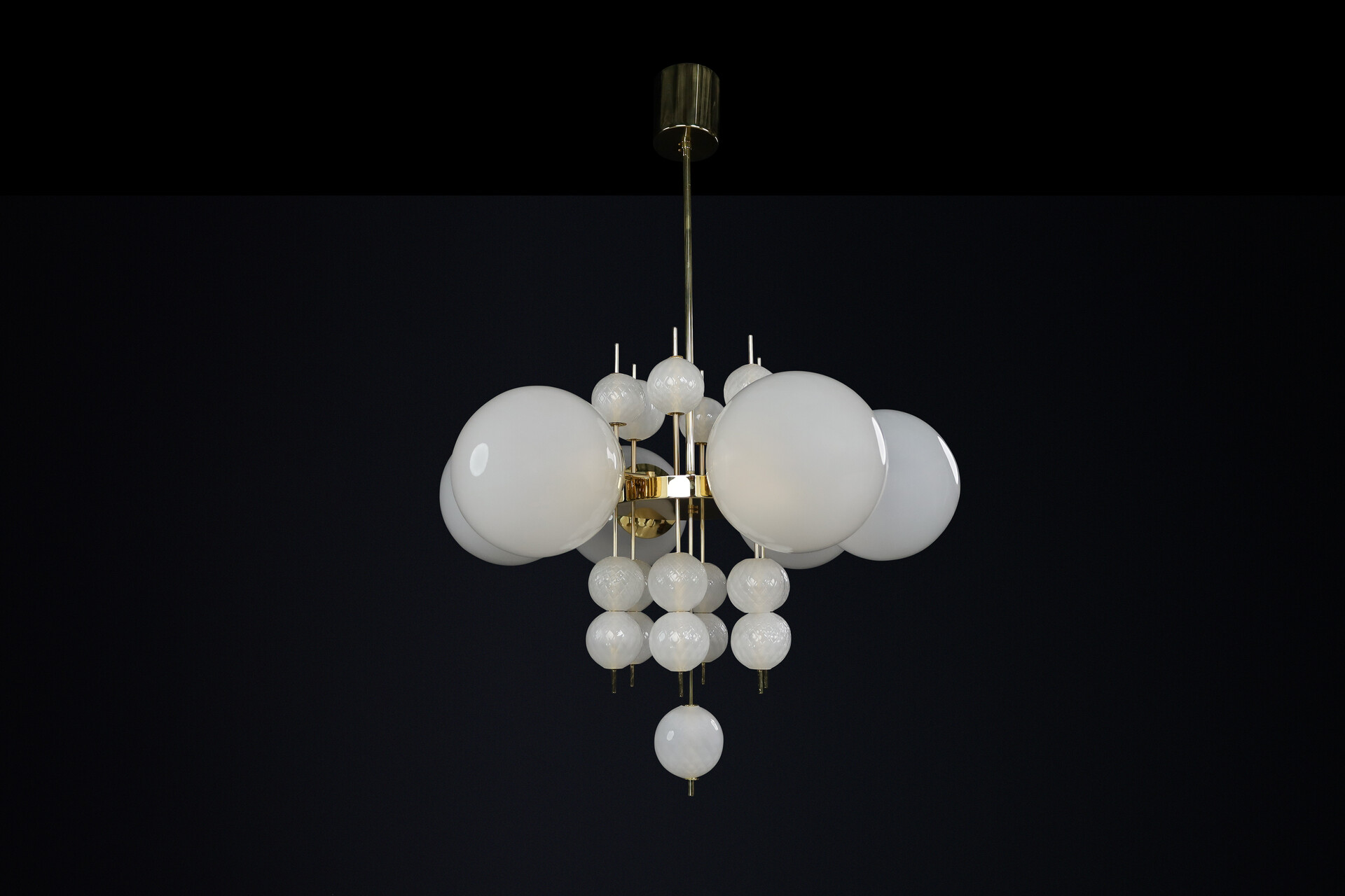 Mid century modern Chandelier with Brass Fixture & Hand-Blown Pearl-White Glass Globe, CZ 1960 Mid-20th century